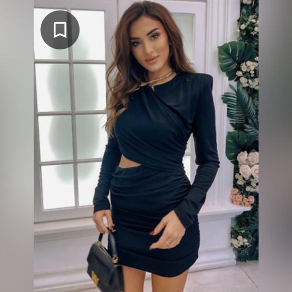 Zara Black Draped Mini Dress with Cut Out and Shoulder Pads XL Body Con Rouged - Picture 3 of 11